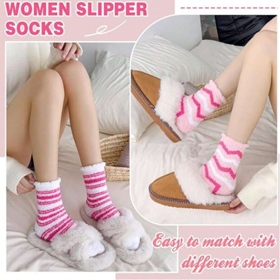 5 Pairs Women's Plush Socks Slippers, Soft Cozy Fluffy Warm Winter Sleeping Comfortable Adult Socks - Multicolor - View 1