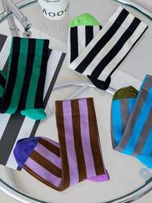chuanwa（2） Chaussettes mi-mollet unisexes rétro à la mode, rayées et colorées, chaudes et tricotées, pour l'automne/l'hiver - Multicolore - Voir 7