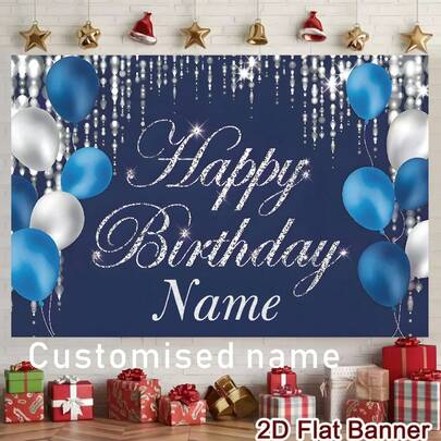 Customizable Name & Birthday Theme Backdrop, Blue Background Decorated With Balloons And Sparkling Diamonds, Ideal For Birthday Party Cake Table Decor, Photography Banner Prop, Vinyl Material