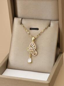 1pc Cute Pink Cubic Zirconia Pearl Butterfly Stainless Steel Necklace, 1 Pair Cute Pink Cubic Zirconia Pearl Butterfly Stainless Steel Earrings, Suitable For Women's Daily Wear, Gold Jewelry, Gold Earrings, Women's Jewelry, Summer, Vacation, Beach Accessories, Gift - Pink - View 5