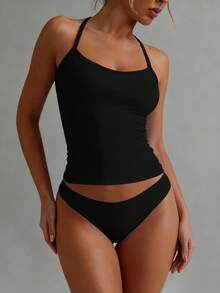 XLLAIS 女士简约纯色交叉露背弹力运动健身吊带背心，时尚细肩带黑色衬衫 - 黑色 - 查看 11