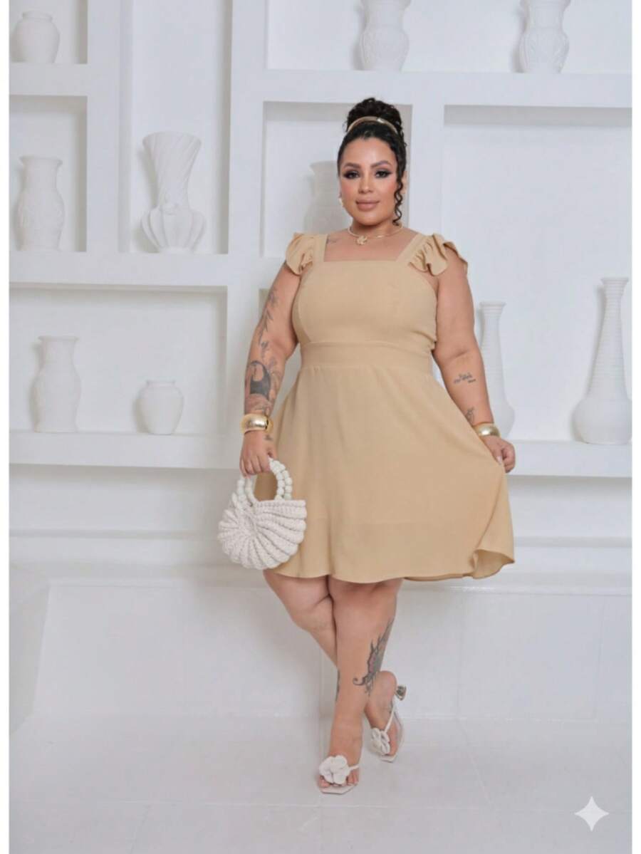 Plus Size Short Dress In Duna Fabric With Ruffled Straps And Elastic Back, Lined, Sizes GG G2 - 米色 - 查看 1