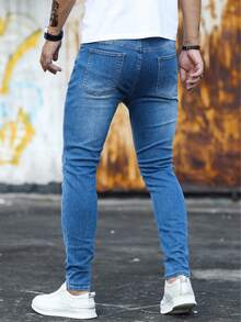Nuevo 2025, pantalones vaqueros ajustados elásticos para hombres, jóvenes, negros, azules, azules claros, cintura media, tubos rectos, ocio diario, comodidad, adecuados para todas las estaciones - Azul claro - Ver 4