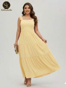 Women's Plus Size Long Dress, Three Marias Style, Elegant Evangelical Fashion, Party Dress, Sleeveless, Strapless, Ruffled, Dune - 糖果黃 - 查看 1