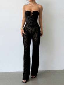 WOWDARK Women Sexy Flocked Bandeau Jumpsuit, For Autumn - Black - View 2