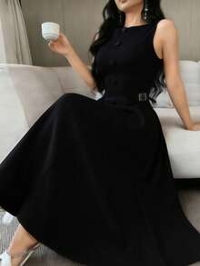 Women's Elegant Solid Color Sleeveless Summer Dress S M L - 黑色 - 查看 1