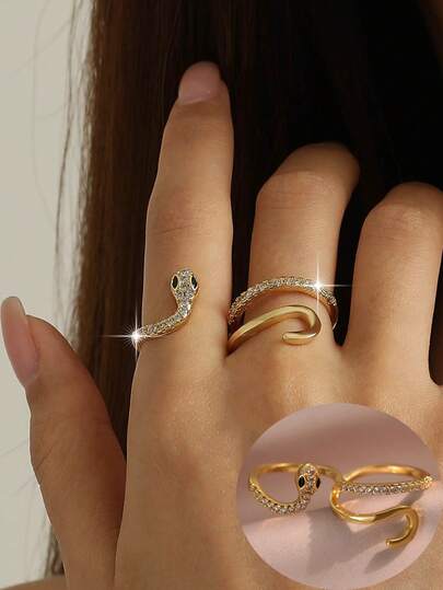 1pc Funky Snake Shaped Gold Plated Mitten Rings Punk Openable Adjustment Conjoined Cubic Zirconia Wedding Ring For Women Christmas Banquet, Prom, Party Decorative Gift