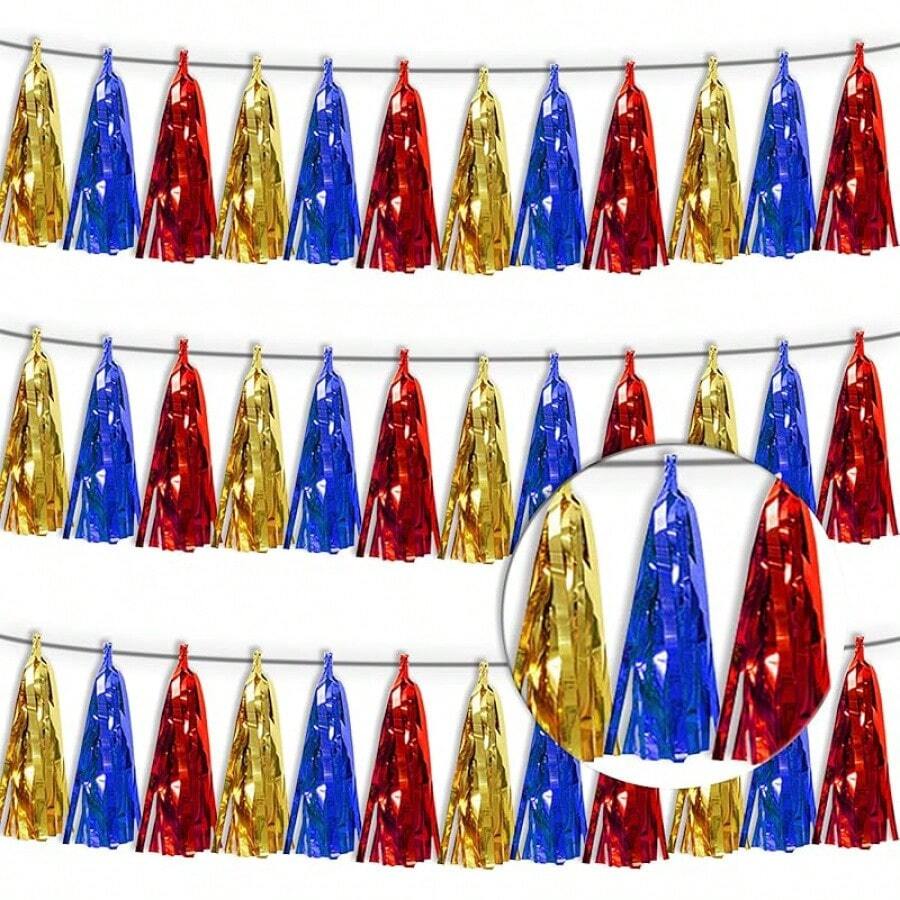 3P Metallic Fringe Tassel Banner Garland Foil Tinsel Streamer Wall Hanging Curtain Backdrop Banner For Parade Floats, Graduation Decorations, Father's Day Party Decoration(Silver)Halloween Christmas New Year - 金色 藍色 紅色 - 查看 1