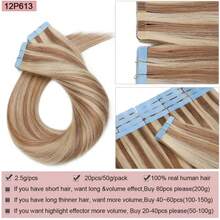 20PCS 50G Tape In Hair Extensions Human Hair, #12P613 Golden Brown Mix Bleach Blonde, 16-26 Inch Double Sided Tapes Ins Human Hair Extensions,  Adhesive Extension Seamless Invisible Skin Weft, Silky Straight With Thick Ends, Remy Human Hair Add Length For Woman Everyday Hairstyle Cosplay Daily Wedding Party Halloween Use - S12/613 - Xem 3
