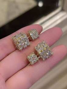 2pcs Elegant Square Cubic Zirconia Stud Earrings, Fashionable Four-Leaf Clover Design, Suitable For Wedding Party Dress, Delicate Gift - Multicolor - View 6