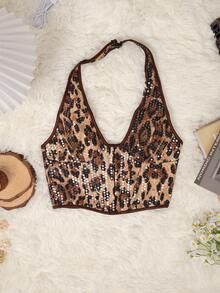 Y2K豹纹亮片露背短款吊带背心，性感V领系带镂空胸衣，适合夜店、万圣节、锐舞派对等夏季场合。 - 豹紋 - 查看 6