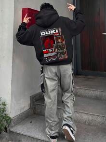 Men's single-sided printed hooded sweatshirt with bold DUKI graphic, red handprint, collage art, streetwear style, urban fashion, hip-hop design,  pockets and drawstrings, long sleeves, loose and casual, thick fabric, ideal for gifts in autumn and winter, high-quality men's clothing S to 2XL - Negro - Ver 1