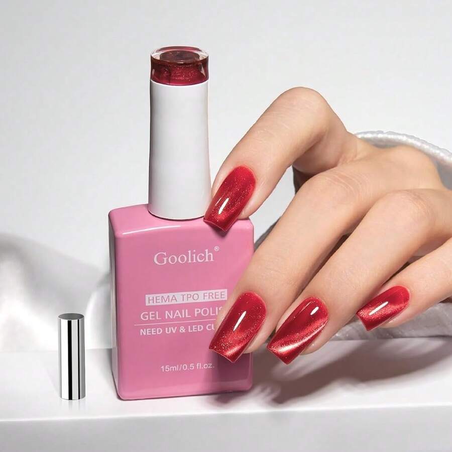 Jelly Glass Cat Eye Gel Nail Polish, 0.5 Fl Oz HEMA & TPO Free Red Holographic Glitter Shimmer Magnetic Gel Polish With Magnet Soak Off UV LED Nail Art Design Manicure Salon For Women Fgirl{Inchcolor_nameinch:InchCatEye-JellyGlassRedinch} - 貓眼果凍玻璃紅 - 查看 1