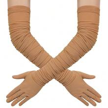 Hazhlko Women's Super Long Stretchy Ruched Mesh Tulle Sheer Gloves Costume Opera Party 1920's Dance Gloves{"Color_name":"Khaki"} - 卡其色 - 查看 1