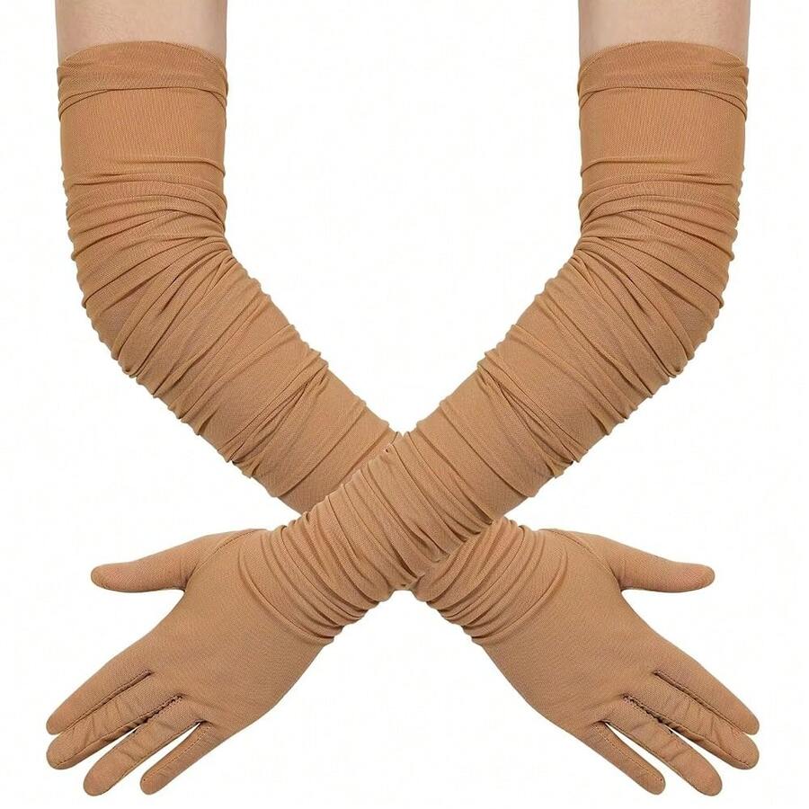 Hazhlko Women's Super Long Stretchy Ruched Mesh Tulle Sheer Gloves Costume Opera Party 1920's Dance Gloves{"Color_name":"Khaki"} - 卡其色 - 查看 1