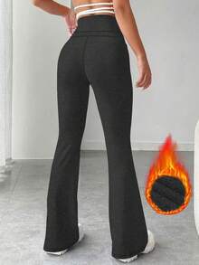 Pantalones de mujer de cintura alta, ajuste delgado, cintura elástica y pierna acampanada - Gris Oscuro - Ver 2