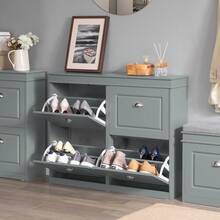 Shoe Cabinet With 4 Flaps, Slim Shoe Rack With 8 Shelves, Adjustable Shoe Rack For Hallway, Corridor & Entrance Area - Hallway Cabinet With Anti-Tip Device 105x82x24cm FSR79 - Grey - View 2