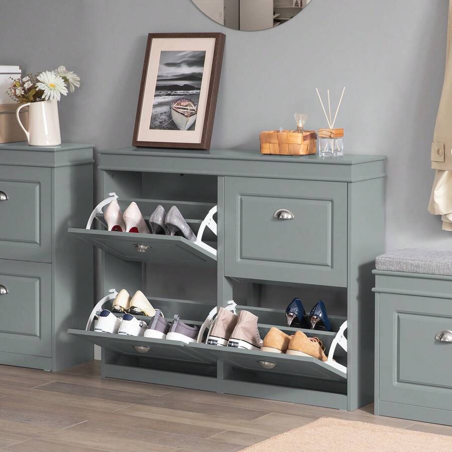 Shoe Cabinet With 4 Flaps, Slim Shoe Rack With 8 Shelves, Adjustable Shoe Rack For Hallway, Corridor & Entrance Area - Hallway Cabinet With Anti-Tip Device 105x82x24cm FSR79