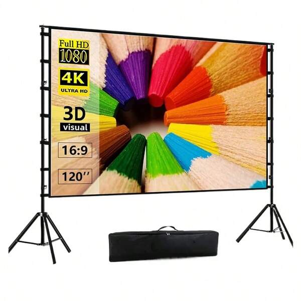 GAINVANE Projector Screen And Stand, 84/100/120/150 Inch Indoor Outdoor Projection Screen, Portable 16:9 4K HD Rear Front Movie Screen With Carry Bag Wrinkle-Free Design For Home Theater Backyard Cinema