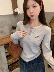 Women's Elegant Korean Style Gray Embroidered Long Sleeve Knit Top, Stretchy Design, Autumn/Spring