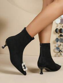 Botines de tacón alto de punta fina para mujer, nuevos botines de tacón de gatito pequeño de ante sintético para invierno - Negro - Ver 2