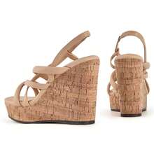 Coutgo Women Platform Wedge Sandals Cork Slingback Wedges Espadrilles Heels Summer Shoes - Màu Khaki - Xem 4