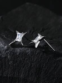 1 Pair Punk Minimalist Zirconia Lightning Stud Earrings, Hypoallergenic Fashion Unisex Earrings, Suitable For Christmas, Jewelry Gifts, Parties, New Year, Valentine's Day - Silver - View 11