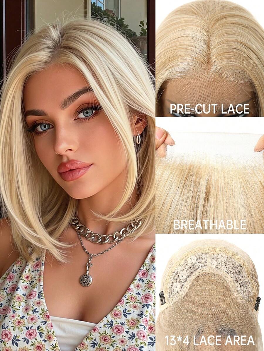 [Velvet Locks]New 13*4 Glueless Front Lace 13 Inch Coffee Brown Short Straight Wig, Fashionable Women No Bangs, Pre-Trimmed, Heat-Resistant Synthetic Hair, Soft And Smooth, Suitable For Beginners Daily Wear, Y2K Style, Party, Cosplay, Dance, Travel, Festival - 金色 - 查看 1