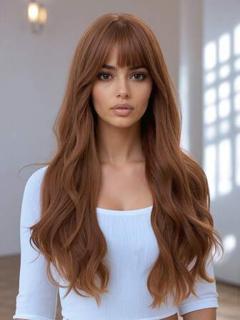 Peluca larga y ondulada de color miel oscuro para mujer, estilo natural con ondas largas y flequillo. Peinado elegante y esponjoso, de material sintético resistente al calor, adecuada para uso diario, fiestas, disfraces Lolita, olas de agua, Halloween, Navidad y otras ocasiones. Longitud: 26 pulgadas