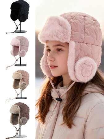 Winter Boys' Plush Lei Feng Hats, Girls Warm Ear Protective Hats, 's Cute Thick Windproof Pullover Hats