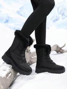 新款冬季女款毛絨加厚雪地靴，零度以下舒適保暖，厚羊羔毛滑雪靴，耐用戶外登山靴 - 黑色 - 查看 7