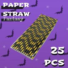 25pcs/Pack Hot Stamping Black Golden Stripe Disposable Paper Straws-6*197mm | Table Drink Cocktail Disposable Paper Straws, Straws For Festivals, Christmas, Halloween, Birthday, Party, Wedding, Engagement Ceremony, Anniversary Day,Valentine's Day, Ramadan