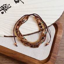 Handmade Adjustable Natural Stone Beaded Bracelet, Bohemian Style Crafted Bead Woven Bracelet, Women Beach Holiday Travel Accessory - Brown - View 7