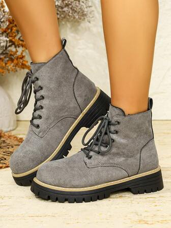 25 Grey Women's Chelsea Ankle Boots, Autumn/Winter, European And American Style Chunky Heel, Fashion Thick Sole Combat Boots, Suede Thick Sole Lace-Up Retro Boots