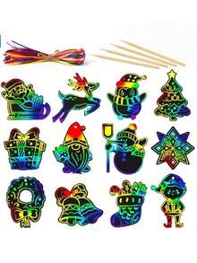 12 قطعة من لوحات الفن بالخدش للكريسماس، تشمل رجل الثلج، رجل الزنجبيل، الرنة، الجرس، شجرة ، لوحات الفن بالخدش، ديكورات، كتاب فن الخدش للتعليق، هدايا حفلات ، هدايا للفصول الدراسية (ألوان وأنماط عشوائية)، زينة شجرة