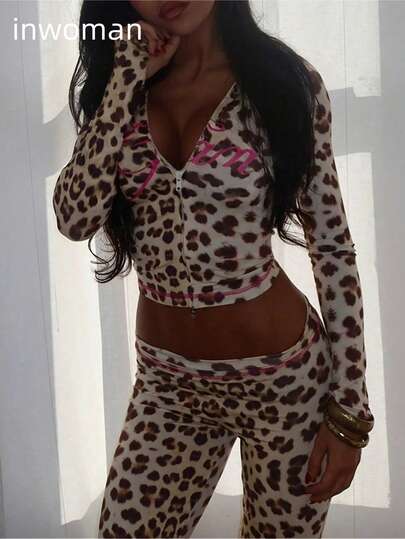 Inwoman Summer Print 2 Pieces Set Causal Street Women Y2K Fashion Long Sleeve Zip Hooded Crop Tops Pants Set