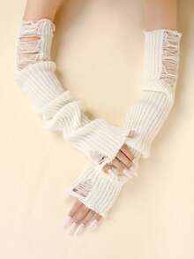 1 paire de manchettes tricotées à poils longs et déchirées pour femme, mitaines à la mode et polyvalentes de couleur unie pour l'automne/hiver