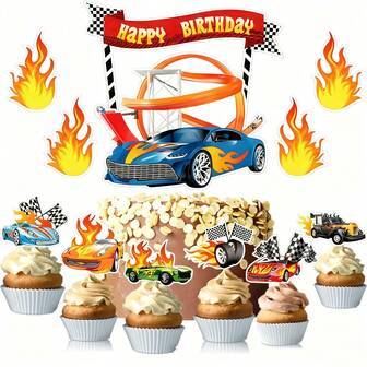 17 件赛车纸杯蛋糕装饰、生日快乐蛋糕帽、方格旗，非常适合汽车主题派对、生日、迎婴派对、节日 - 蛋糕、纸杯蛋糕、甜点、冰淇淋、水果等的装饰