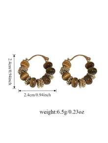1 Pair Women's Bohemian Style Golden Beaded Tiger Eye Stone Earrings, Suitable For Daily Wear, Dates, Parties And Banquets - Multicolor - View 5
