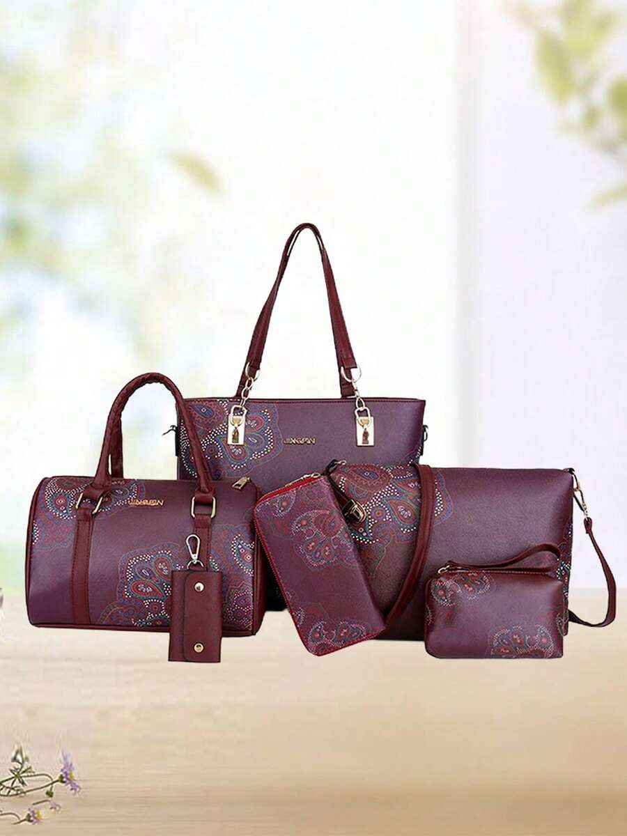 Conjunto completo de bolso de mano para mujer, con estampado floral, de piel sintética, con asa superior, para mamá - Burdeos - Ver 1