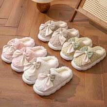 2pcs Women's Plush Lined Warm Slippers, Cute Bow Design, Memory Foam House Slippers, Thick Fluffy Indoor Slippers