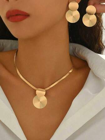 2 件套新款秋冬创意几何螺旋图案时尚优雅百搭休闲吊坠项链套装