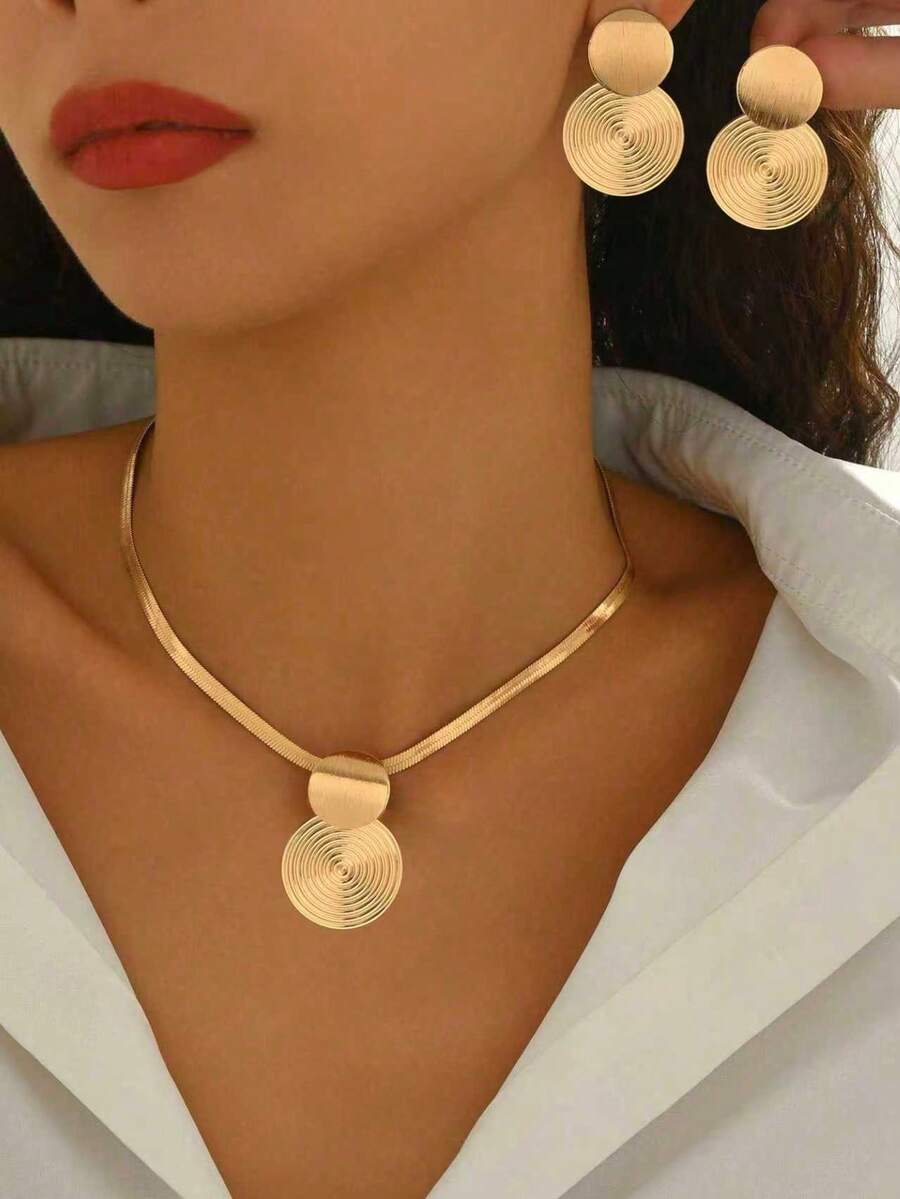 2 件套新款秋冬创意几何螺旋图案时尚优雅百搭休闲吊坠项链套装 - 金黃色 - 查看 1