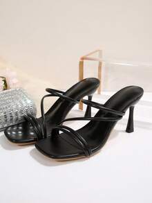 法式方头高跟凉鞋，女士户外夏季新款细跟细带舒适露趾拖鞋，时尚百搭优雅舒适 - 黑色 - 查看 7