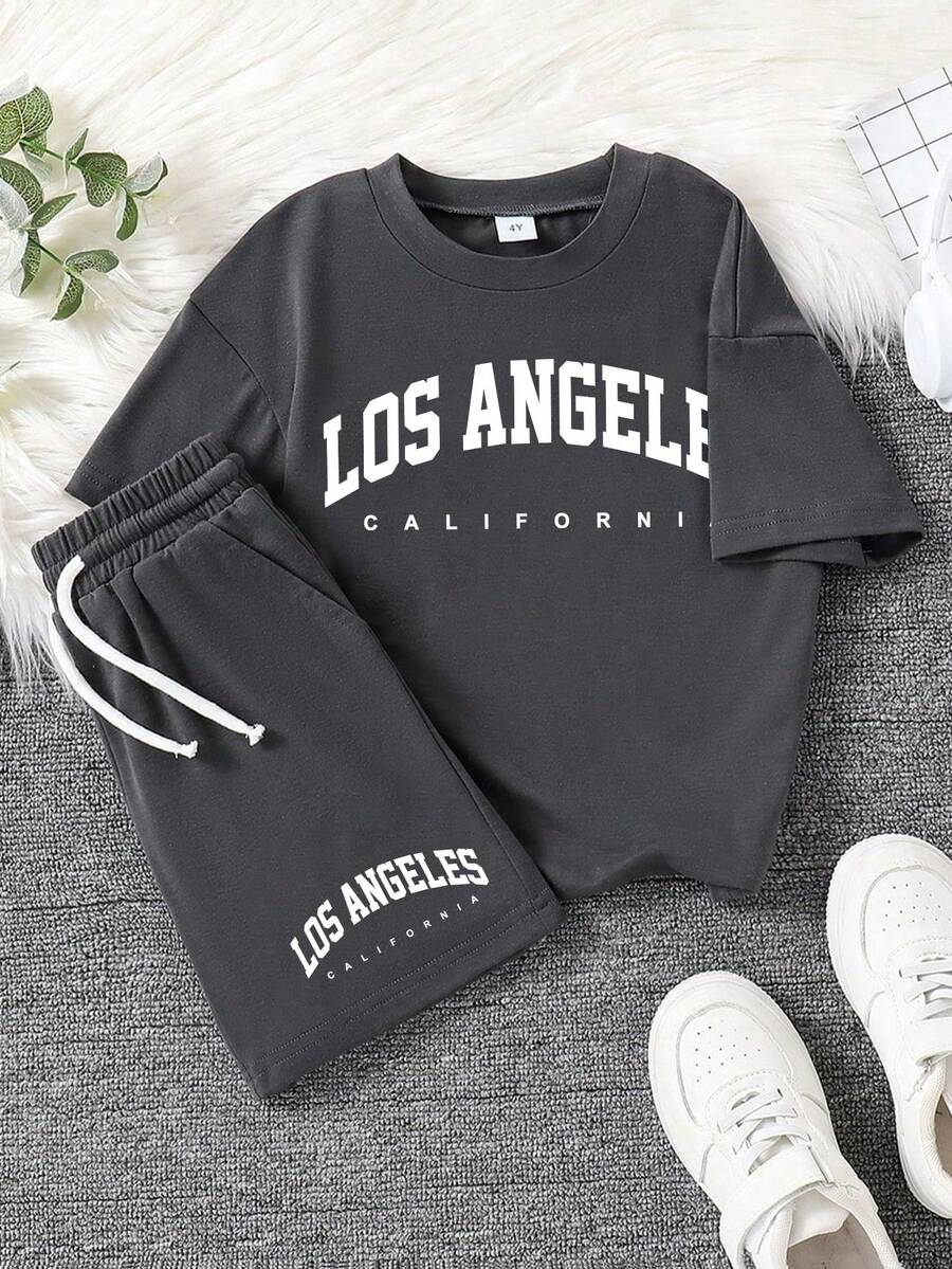 Young Boy Letter Graphic Short Sleeve Tee & Shorts - Dark Grey - View 1