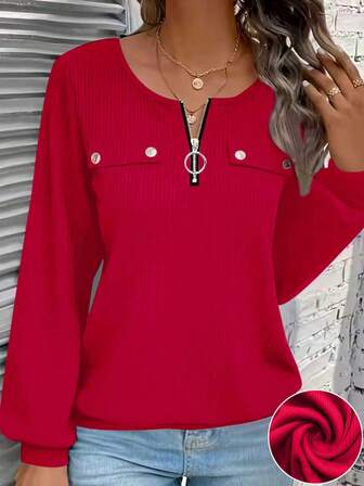 Nuova Collezione Camicetta a Maniche Lunghe con Cerniera e Chiusura a Giro Stile Europeo e Americano