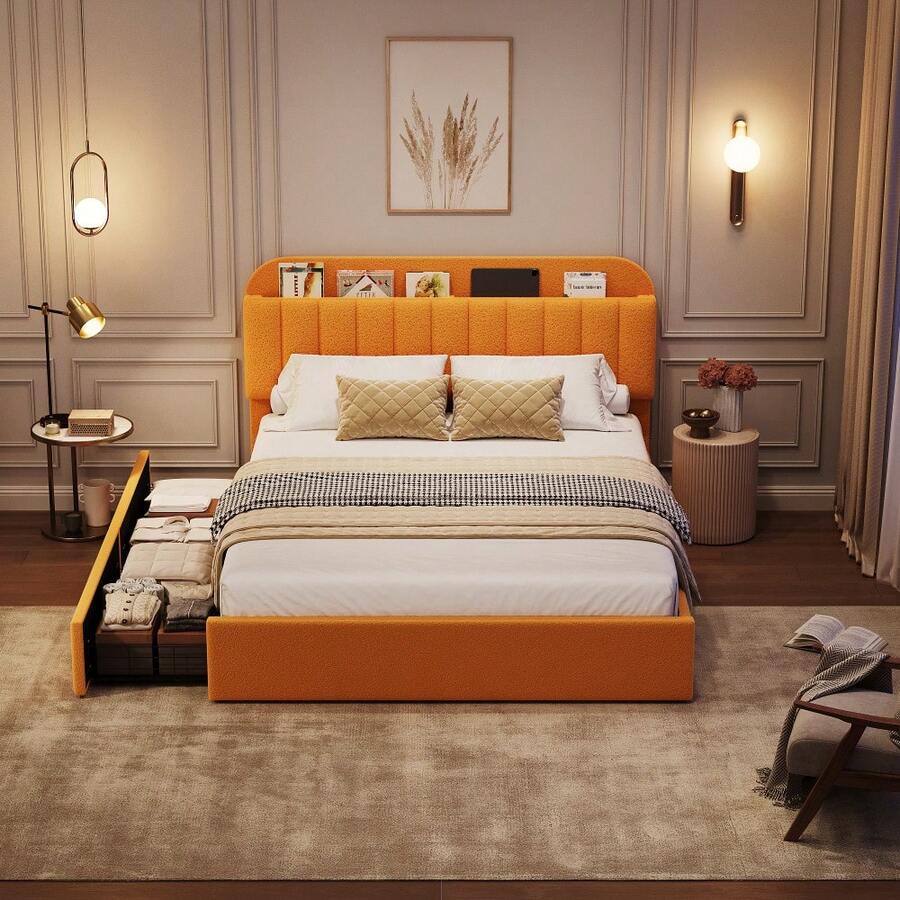 Twin/Twin XL/Full/Queen Size Platform Bed Frame With Storage Headboard & 2 Drawers, Upholstered Cute Platform Bed With Bookcase, Sturdy Wooden Slats Support, No Box Spring Needed, Noise Free - 黃色-滿 - 查看 1