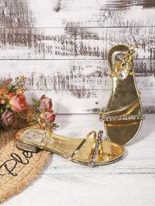 女士水钻装饰系带高跟凉鞋，纯色，优雅，时尚波西米亚休闲，PU 皮革交叉带，高跟沙滩凉鞋，夏季 - 金色 - 查看 7