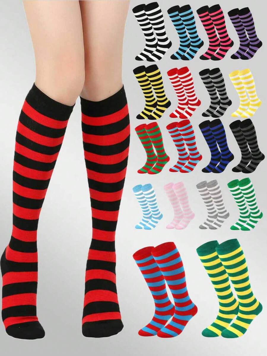 1 Pair Women's Striped Knee-High Socks, Striped Socks For Cosplay, European And American Sports & Casual Style, Calf Socks - Multicolor - View 1