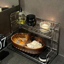 1pc Stainless Steel Double-Layer Kitchen Storage Rack, Large Capacity Spice Rack, Cutlery Draining Rack, Multifunctional Desktop Storage Rack For Toiletries And Cosmetics, Suitable For Kitchen, Dining Room, Bathroom, Balcony, Living Room And Bedroom